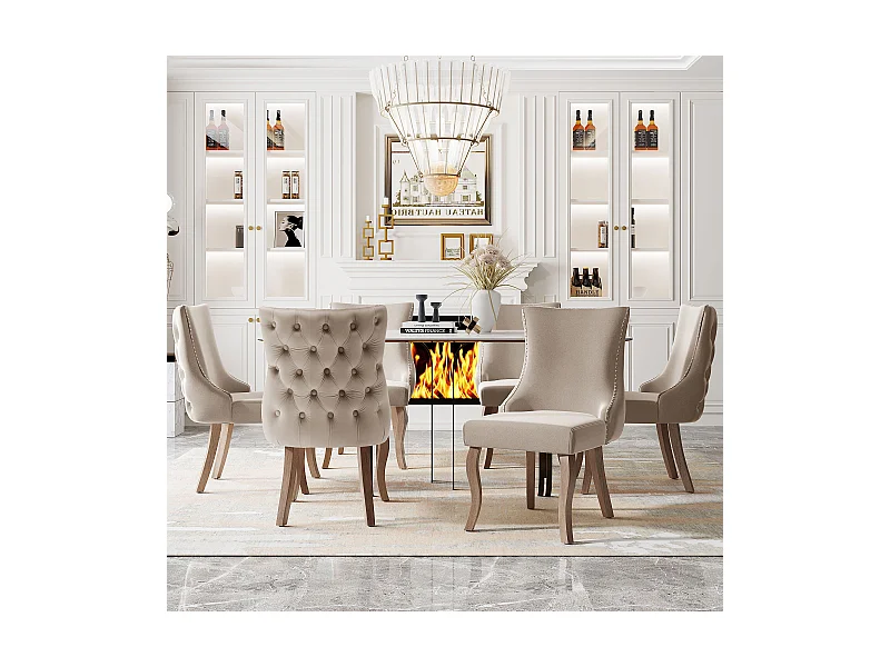 Set mit 6 Esszimmerstühlen – Samt und Massivholz – Rautenmuster mit hoher Rückenlehne – Beige