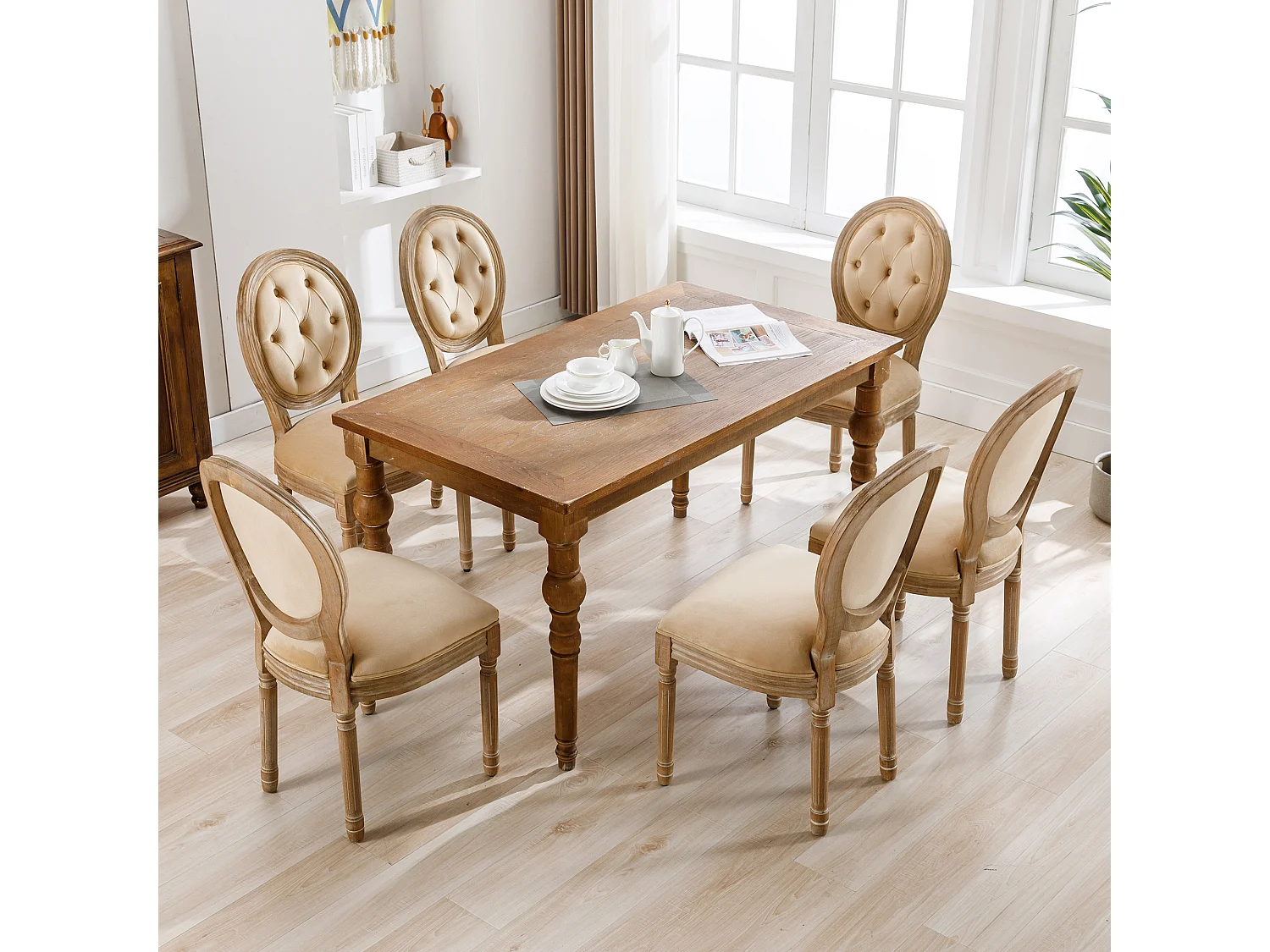 Lot de 6 chaises à dossier rond rembourré en velours - Pièds en bois massif - Sans accoudoirs - Style retro - Beige