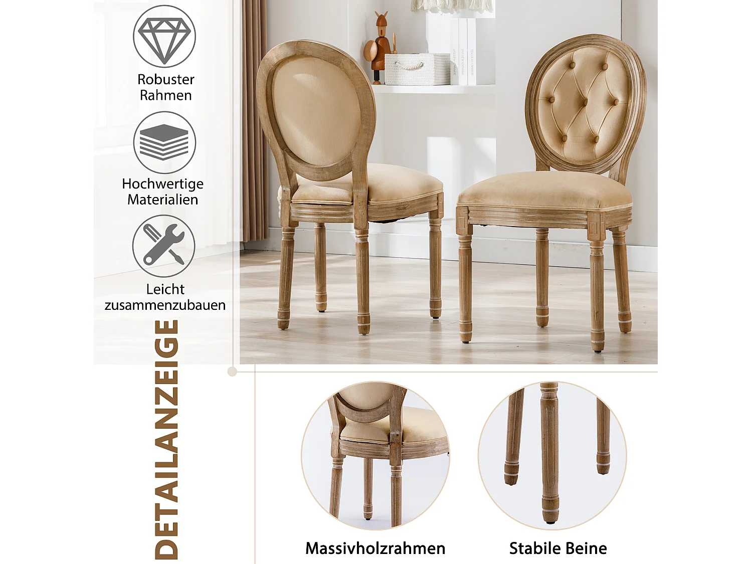 Lot de 6 chaises à dossier rond rembourré en velours - Pièds en bois massif - Sans accoudoirs - Style retro - Beige