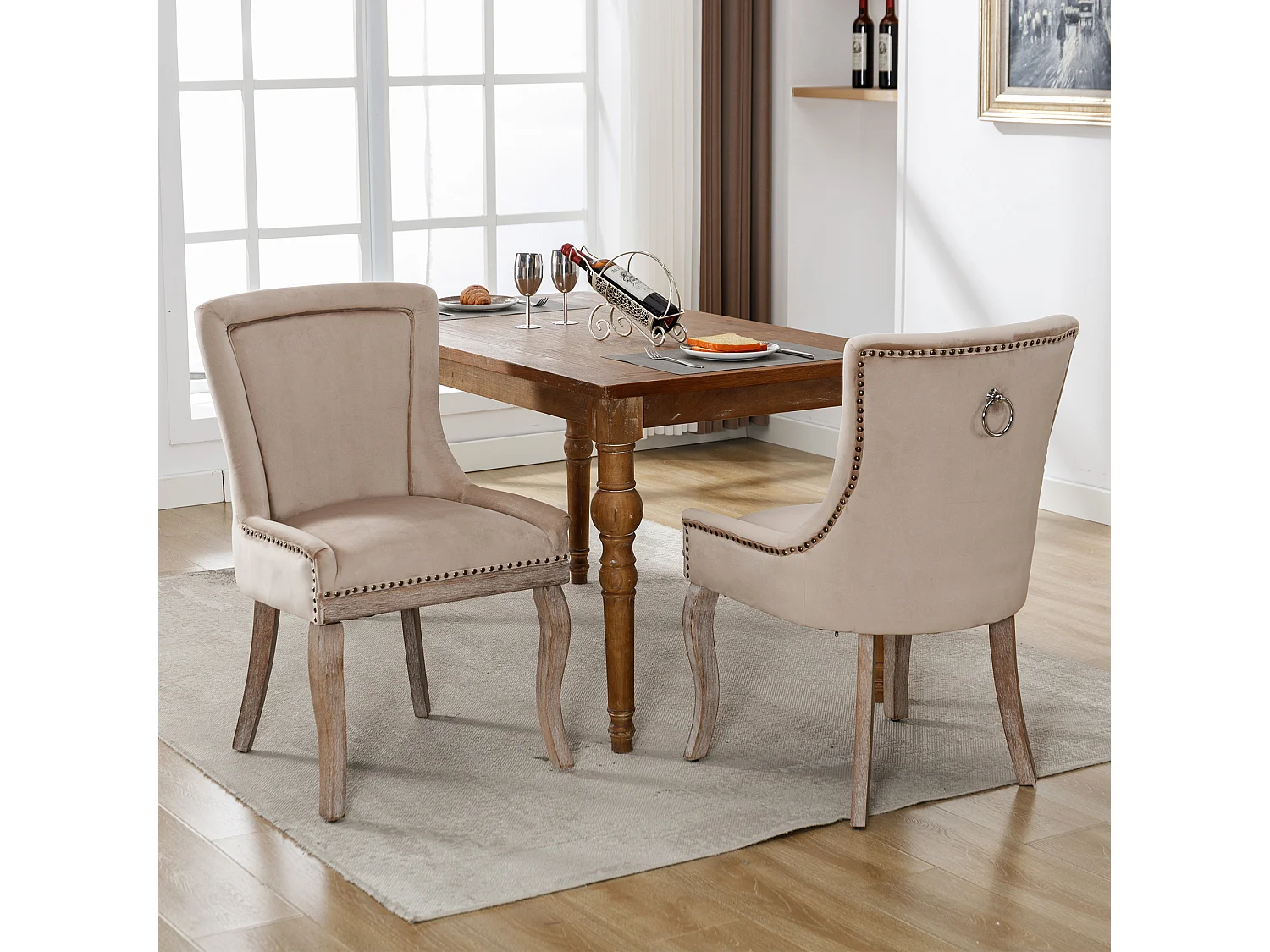 Lot de 2 chaises de salle à manger luxueuses - Velours et bois massif - Décoration de rivets - Beige