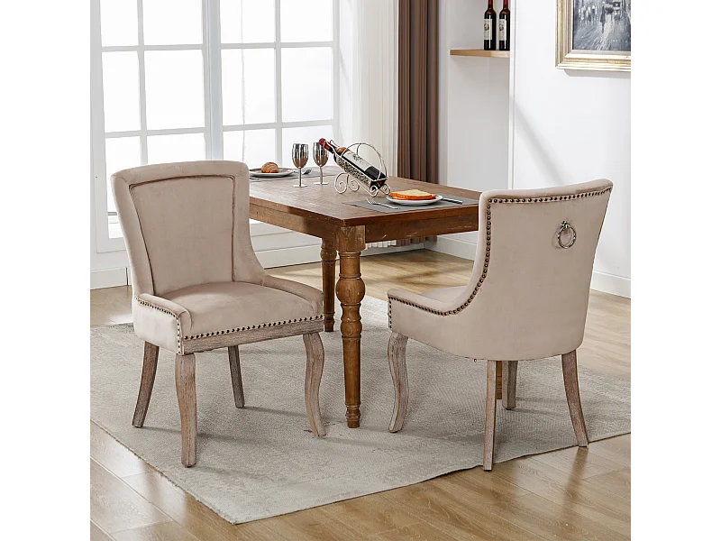 Set van 2 luxe eetkamerstoelen - fluweel en massief hout - klinknageldecoratie - beige