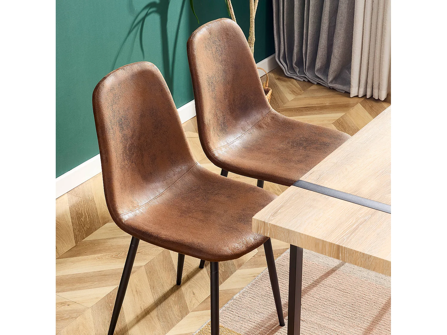 Juego de 2 sillas de comedor - Asiento de ante sintético y patas de acero - Sin brazos - Estilo vintage - Marrón
