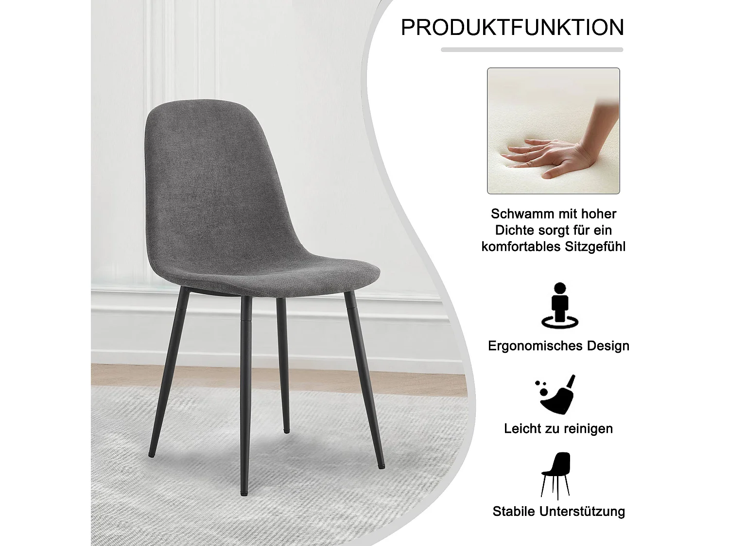 Lot de 4 chaises de salle à manger - Siège en daim artificiel et Pièds en acier - Sans accoudoirs - Style vintage - Gris