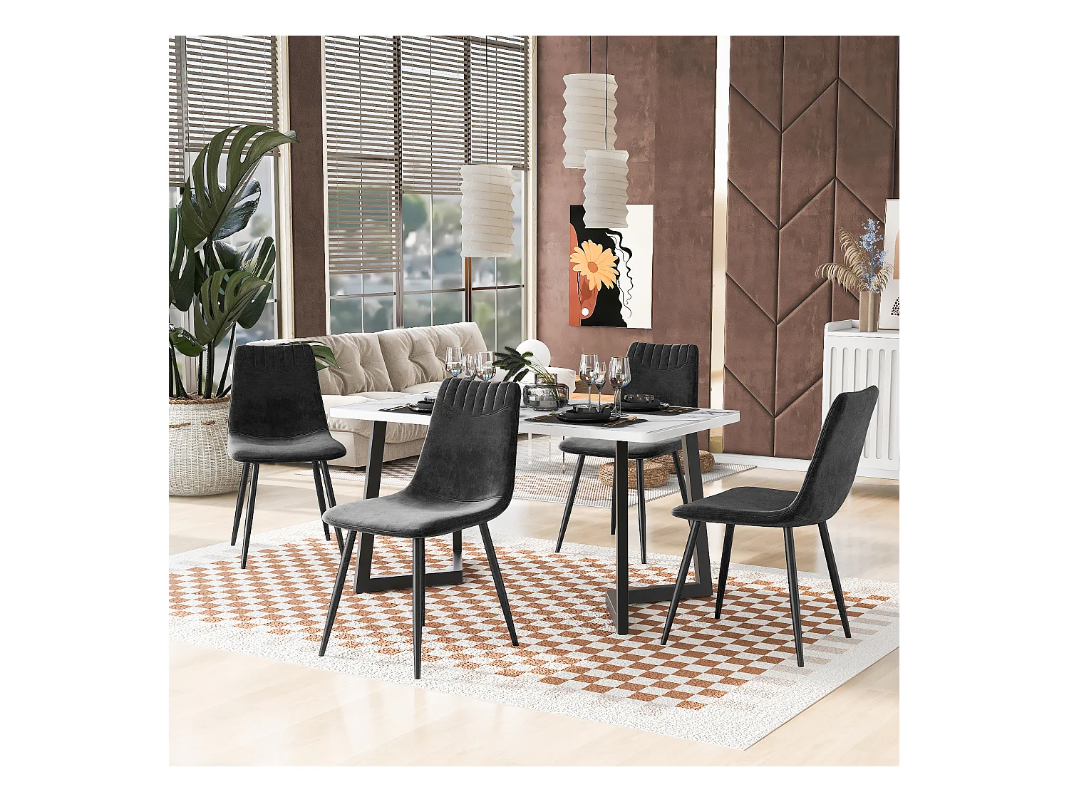Set van 4 eetkamerstoelen - fluwelen stoelen - metalen structuur - Zwart