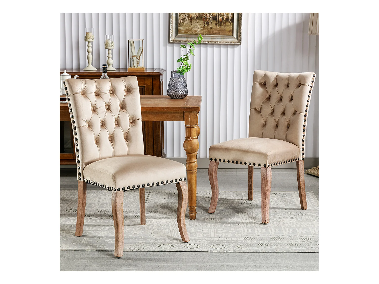 Lot de 2 Chaises de salle à manger rembourré en velours - Pièds en nois massif - Décoration de boutons - Beige