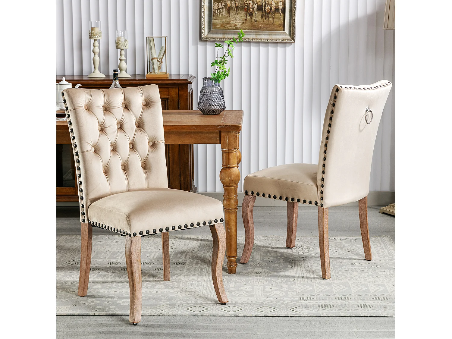 Lot de 2 Chaises de salle à manger rembourré en velours - Pièds en nois massif - Décoration de boutons - Beige