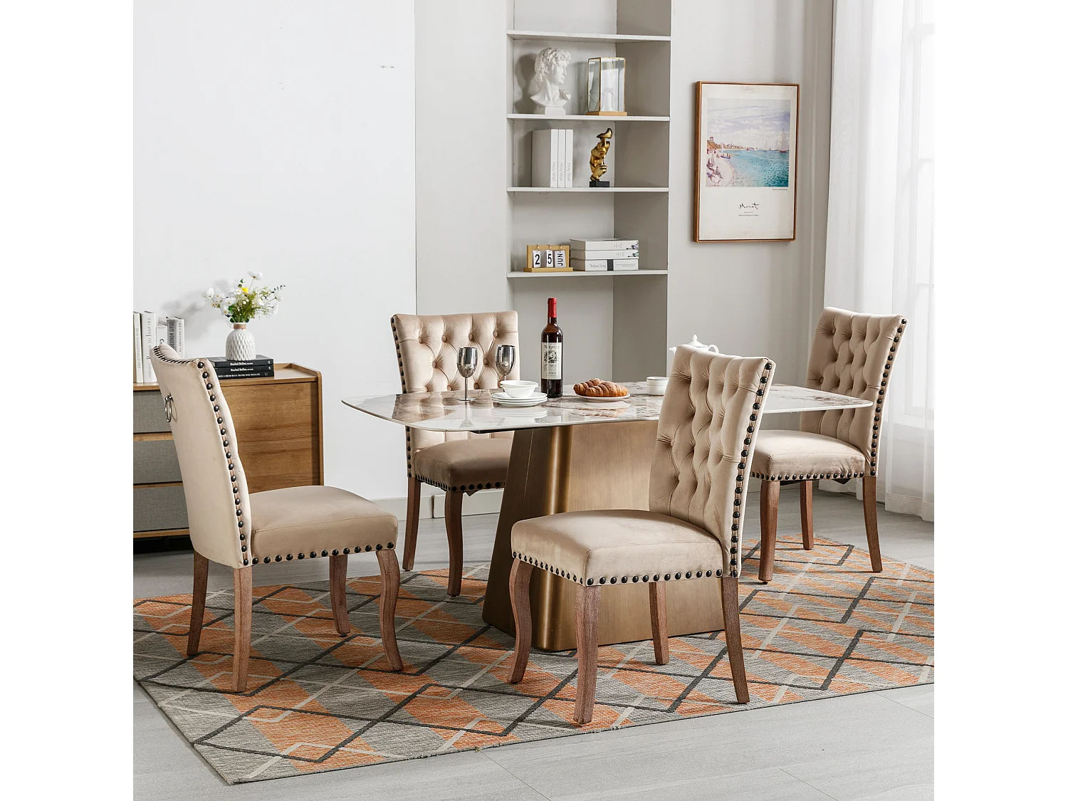 Lot de 4 Chaises de salle à manger rembourré en velours - Pièds en nois massif - Décoration de boutons - Beige