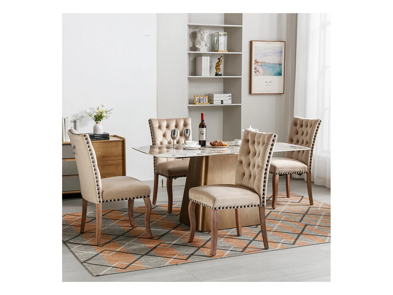 Set van 4 eetkamerstoelen bekleed met fluweel - Poten van massief notenhout - Knoopversiering - Beige