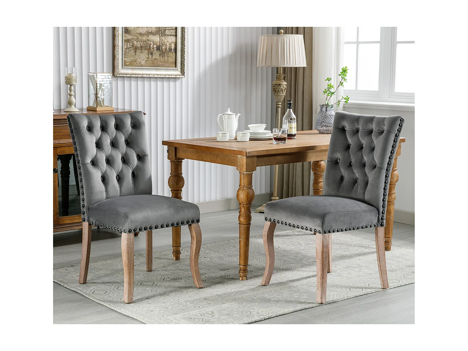 Juego de 2 Sillas de comedor tapizadas en terciopelo - Patas de nogal macizo - Decoración botones - Gris