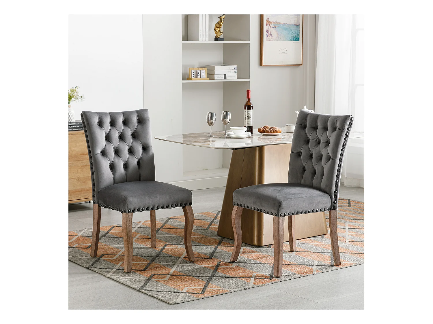 Lot de 2 Chaises de salle à manger rembourré en velours - Pièds en nois massif - Décoration de boutons - Gris
