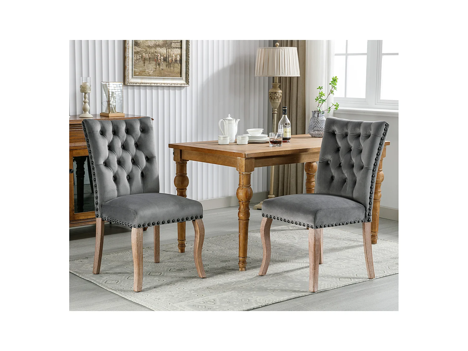 Lot de 2 Chaises de salle à manger rembourré en velours - Pièds en nois massif - Décoration de boutons - Gris