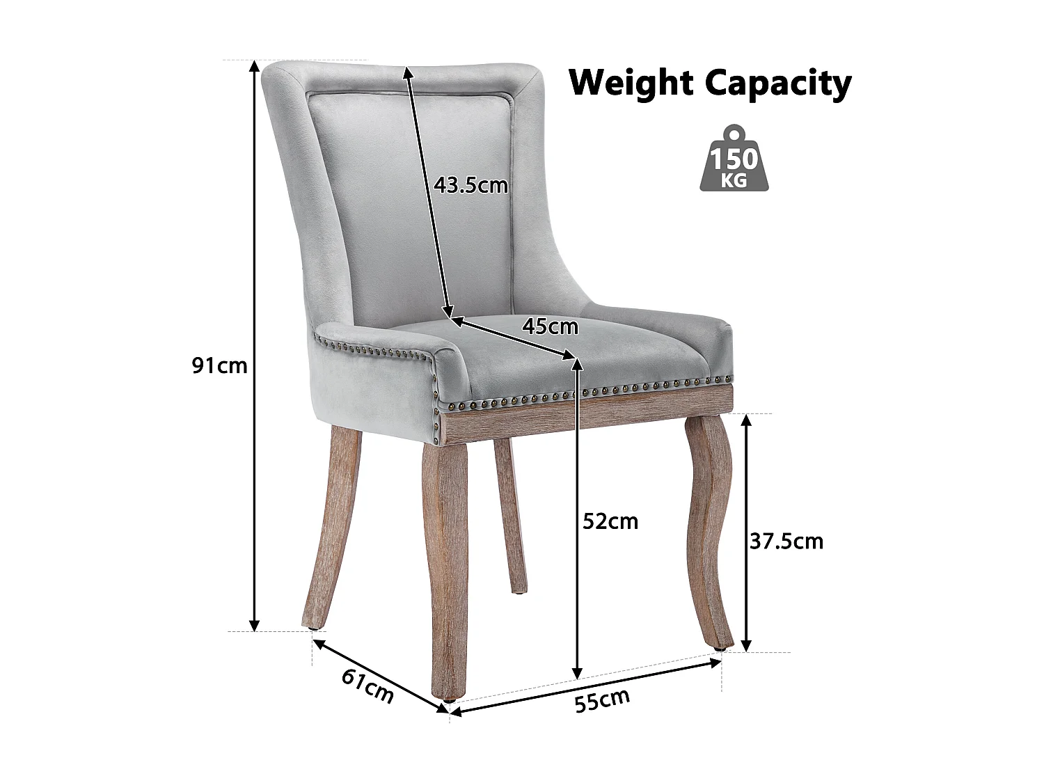 Silla de comedor de lujo (silla de cocina, silla de salón, 4 piezas), silla tapizada con ribete de clavo, patas de madera maciza, funda de terciopelo, gris