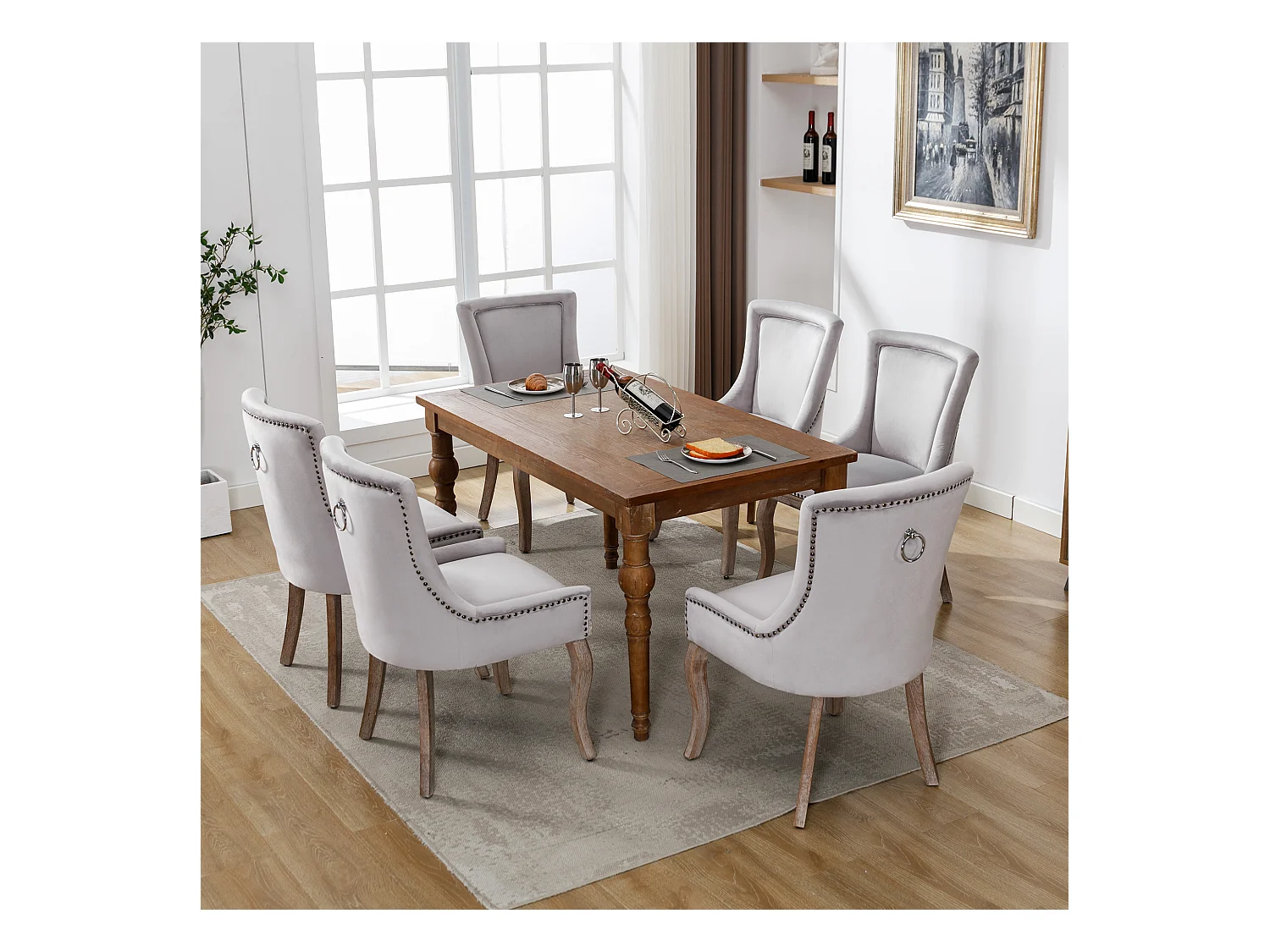 Lot de 6 chaises de salle à manger luxueuses - Velours et bois massif - Décoration de rivets - Gris