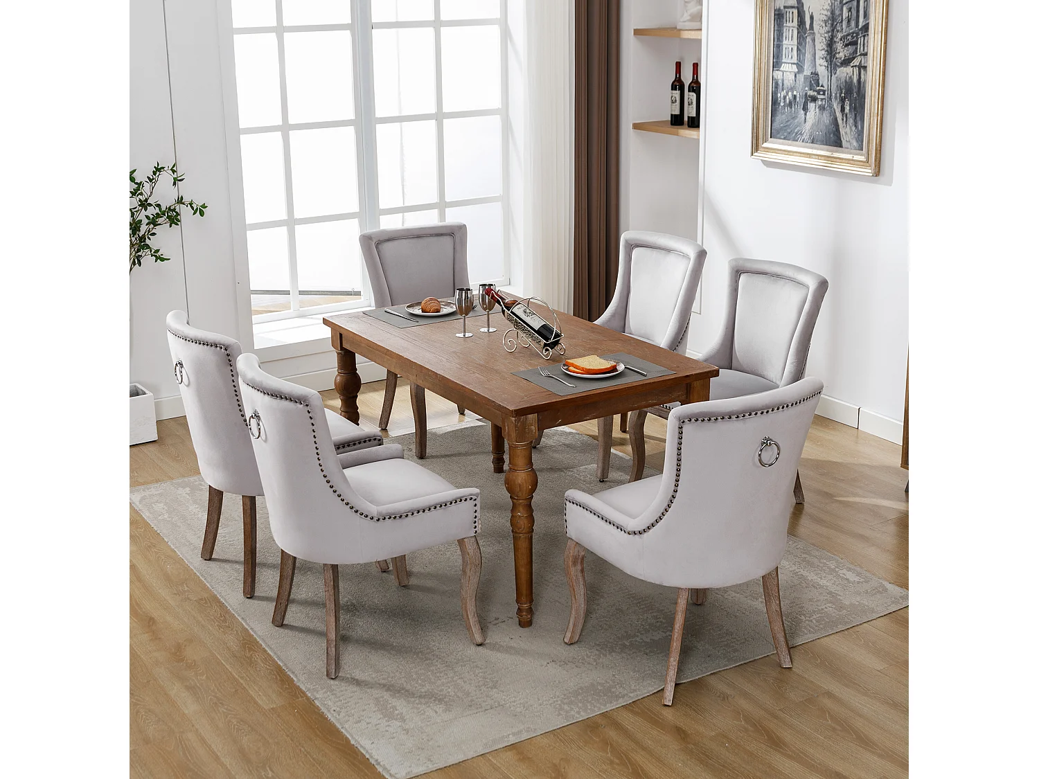 Lot de 6 chaises de salle à manger luxueuses - Velours et bois massif - Décoration de rivets - Gris