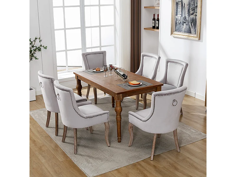 Lot de 6 chaises de salle à manger luxueuses - Velours et bois massif - Décoration de rivets - Gris