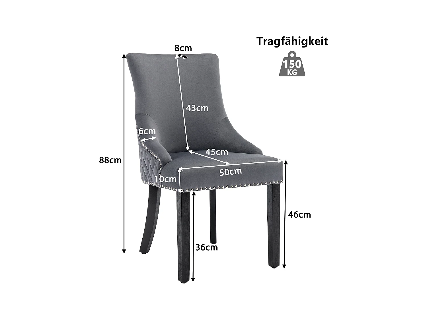 Lot de 6 Chaises de salle à manger - Velours - Pièds en nois massif - Dossier avec motif losange - Gris