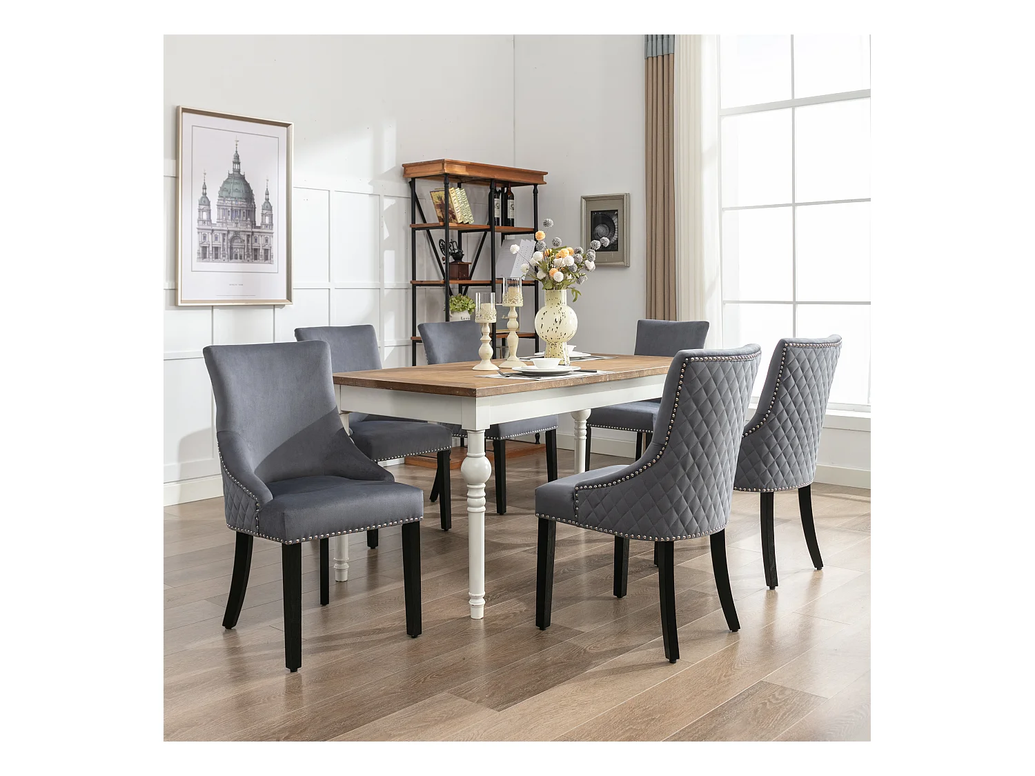 Lot de 6 Chaises de salle à manger - Velours - Pièds en nois massif - Dossier avec motif losange - Gris