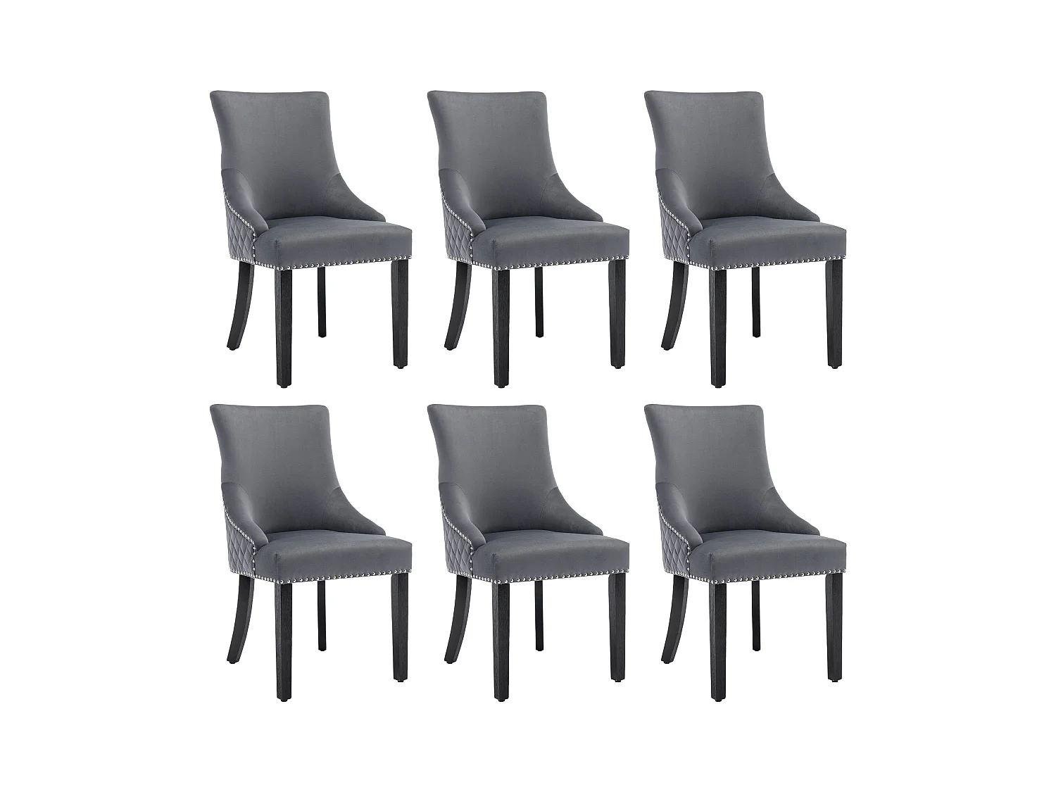 Lot de 6 Chaises de salle à manger - Velours - Pièds en nois massif - Dossier avec motif losange - Gris