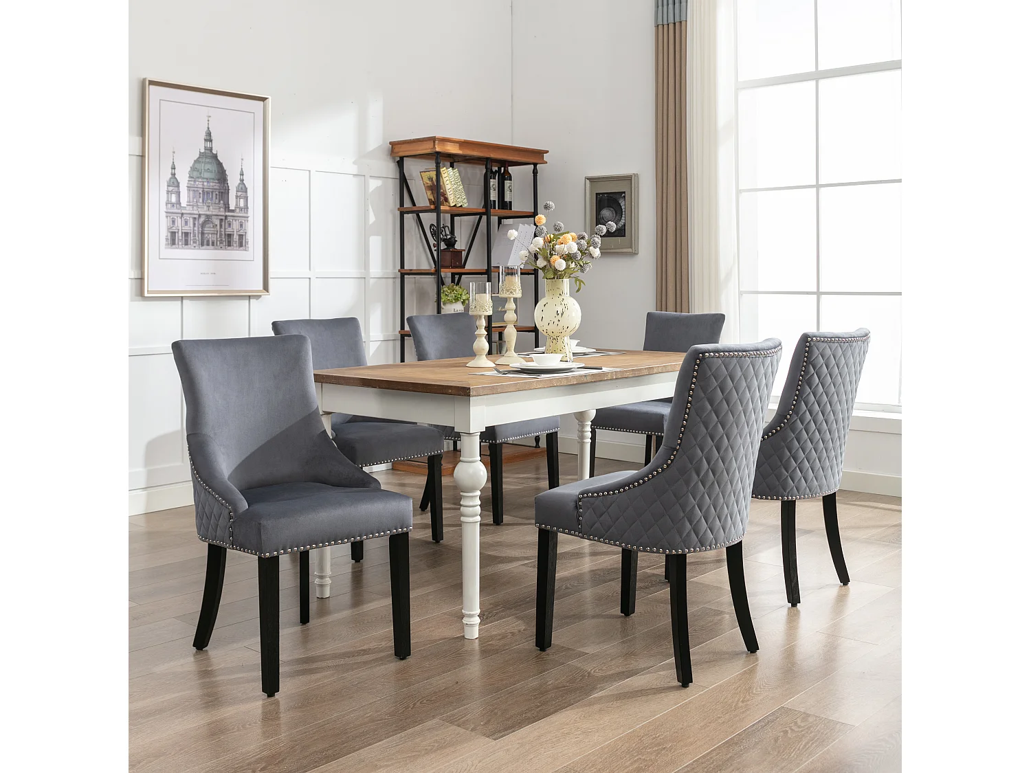 Lot de 6 Chaises de salle à manger - Velours - Pièds en nois massif - Dossier avec motif losange - Gris