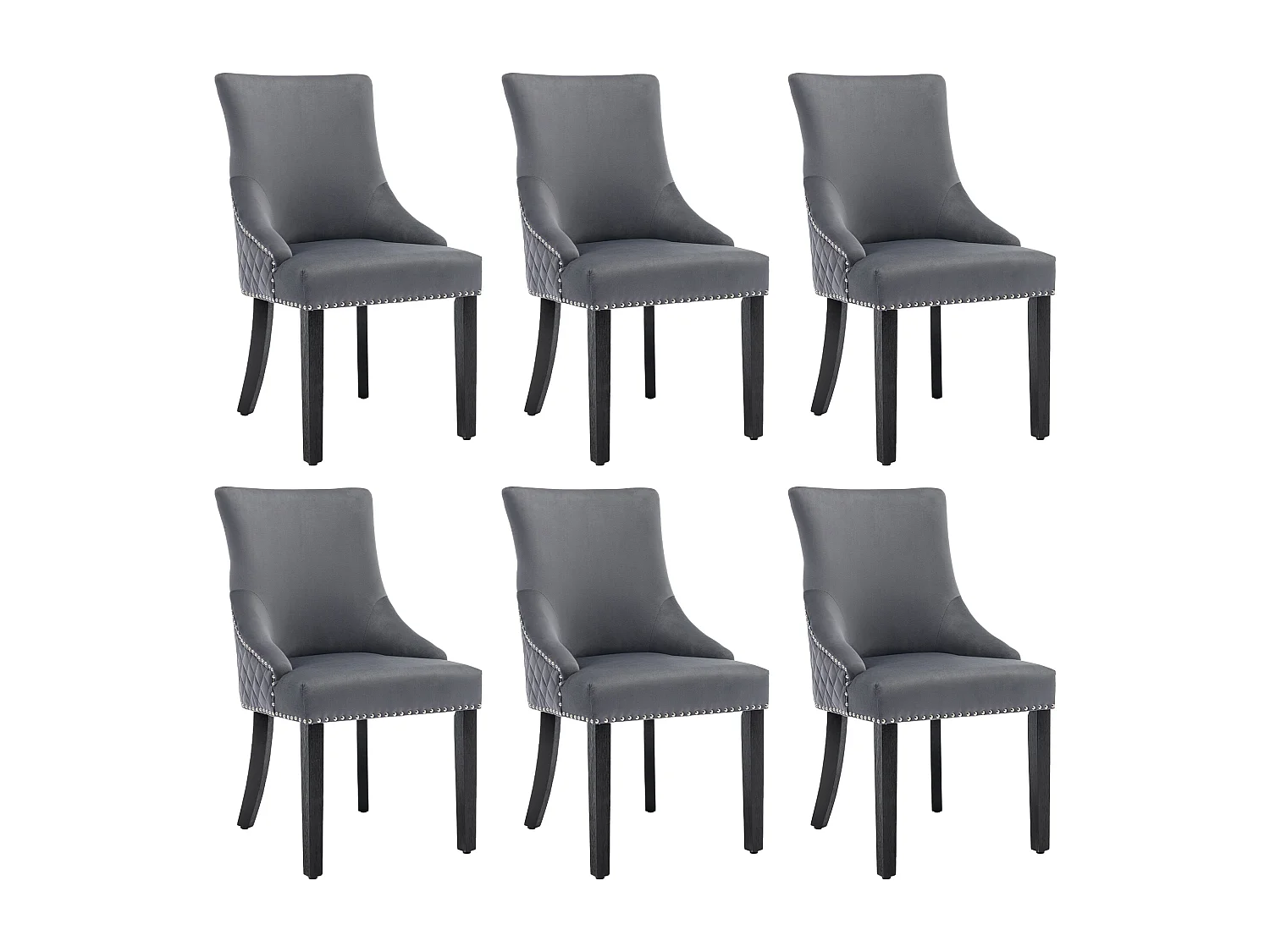 Lot de 6 Chaises de salle à manger - Velours - Pièds en nois massif - Dossier avec motif losange - Gris