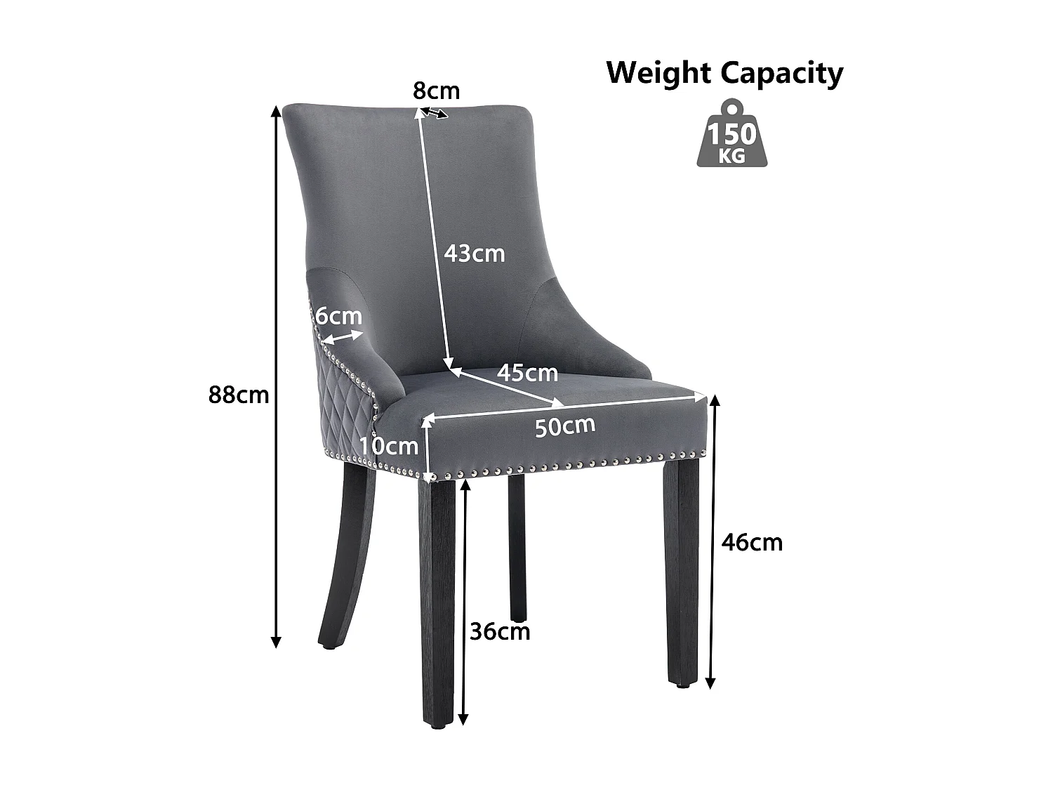 Lot de 6 Chaises de salle à manger - Velours - Pièds en nois massif - Dossier avec motif losange - Gris
