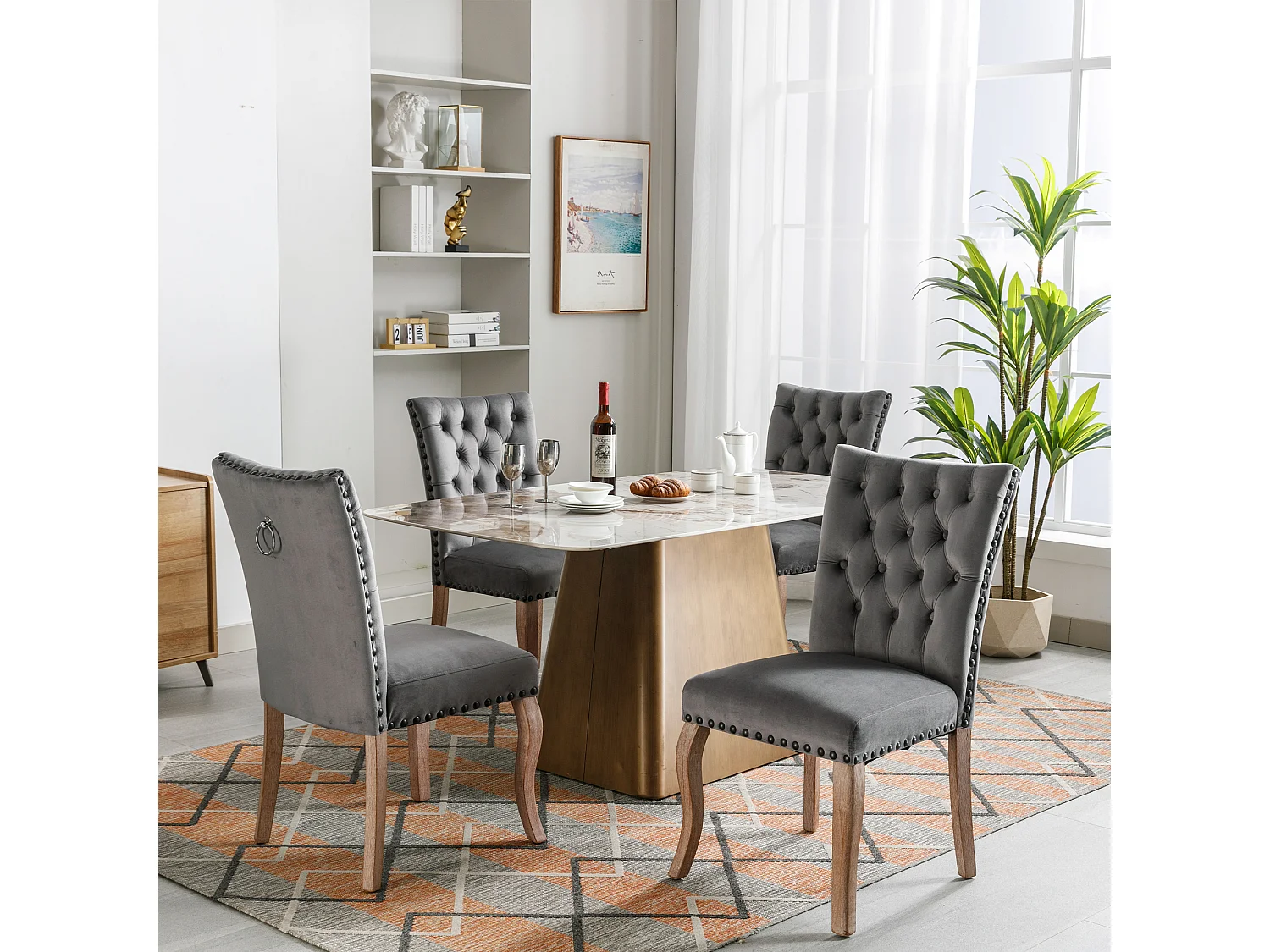 Lot de 4 Chaises de salle à manger rembourré en velours - Pièds en nois massif - Décoration de boutons - Gris