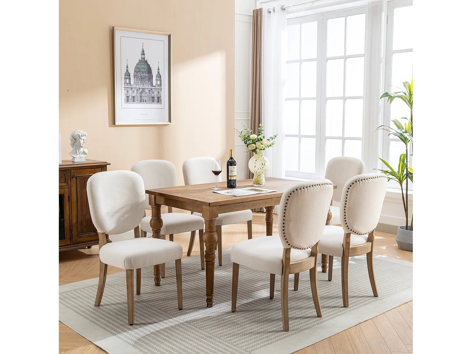 Lot de 6 Chaises de salle à manger - Tissu en lin - avec dossier de chaise décoré de clous en cuivre - Pièds en nois massif - Crème