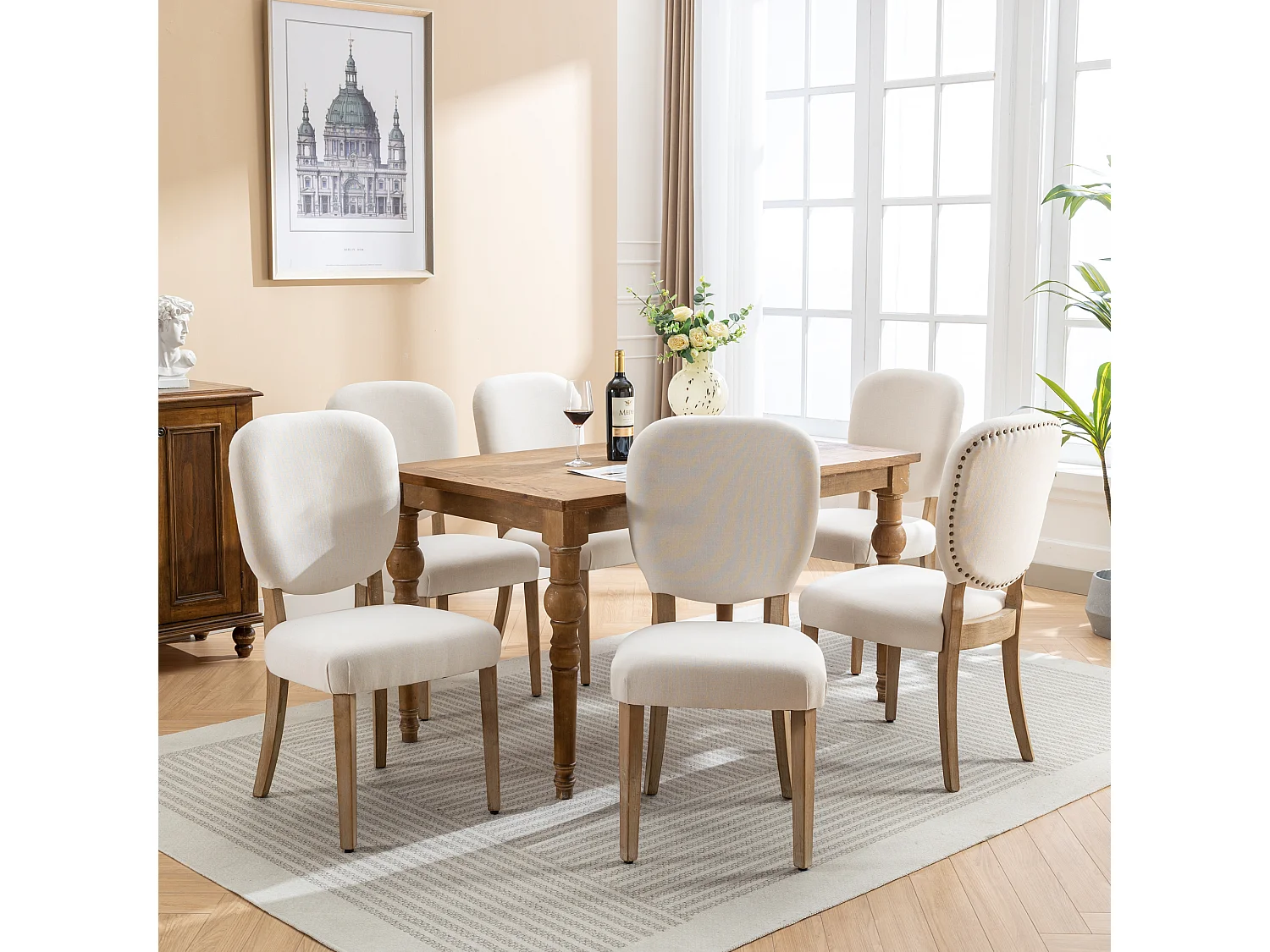 Lot de 6 Chaises de salle à manger - Tissu en lin - avec dossier de chaise décoré de clous en cuivre - Pièds en nois massif - Crème