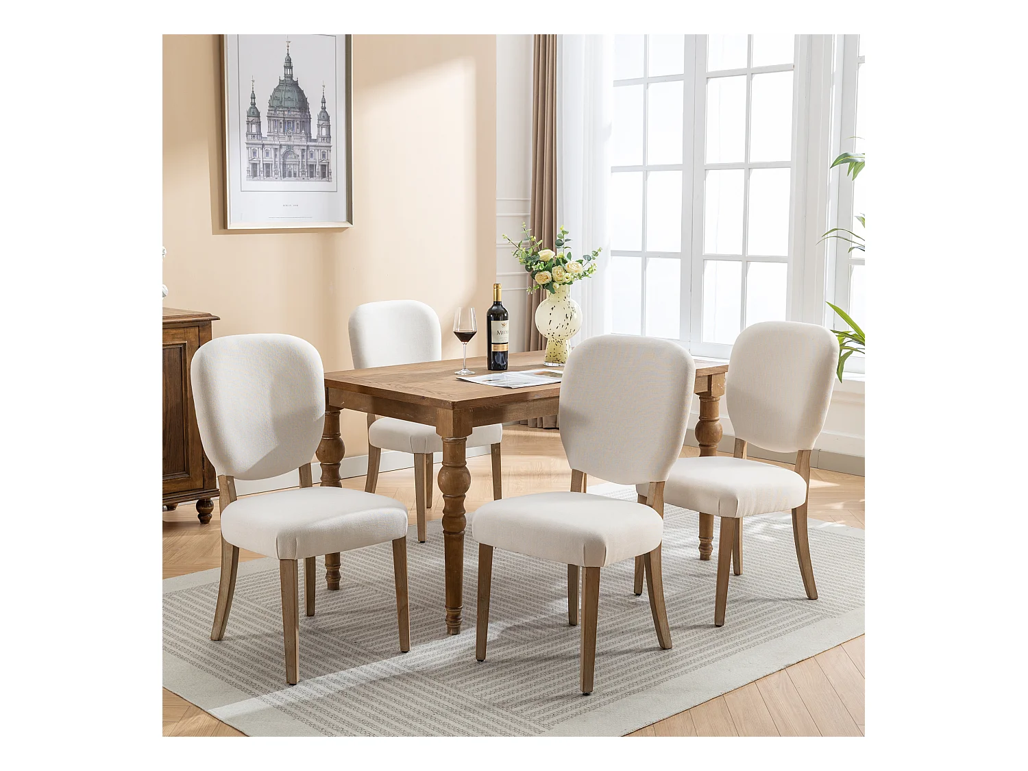 Lot de 4 Chaises de salle à manger - Tissu en lin - avec dossier de chaise décoré de clous en cuivre - Pièds en nois massif - Crème