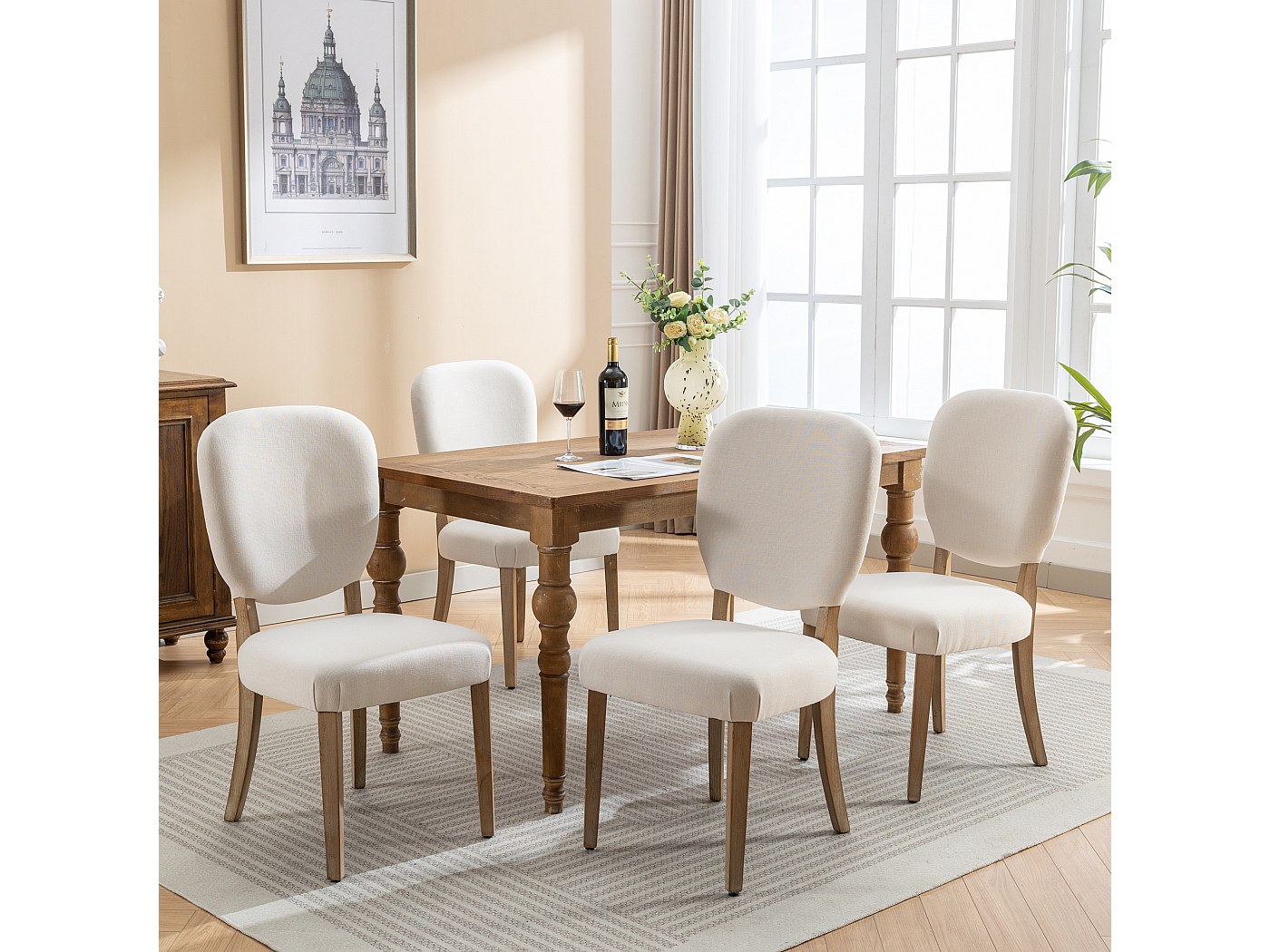 Lot de 4 Chaises de salle à manger - Tissu en lin - avec dossier de