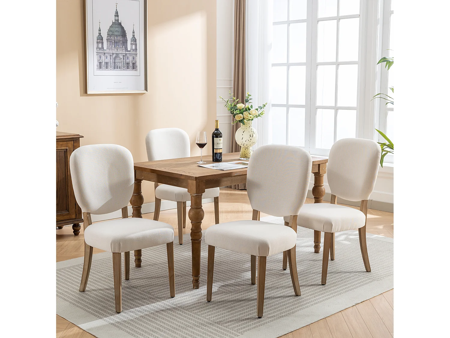 Lot de 4 Chaises de salle à manger - Tissu en lin - avec dossier de chaise décoré de clous en cuivre - Pièds en nois massif - Crème