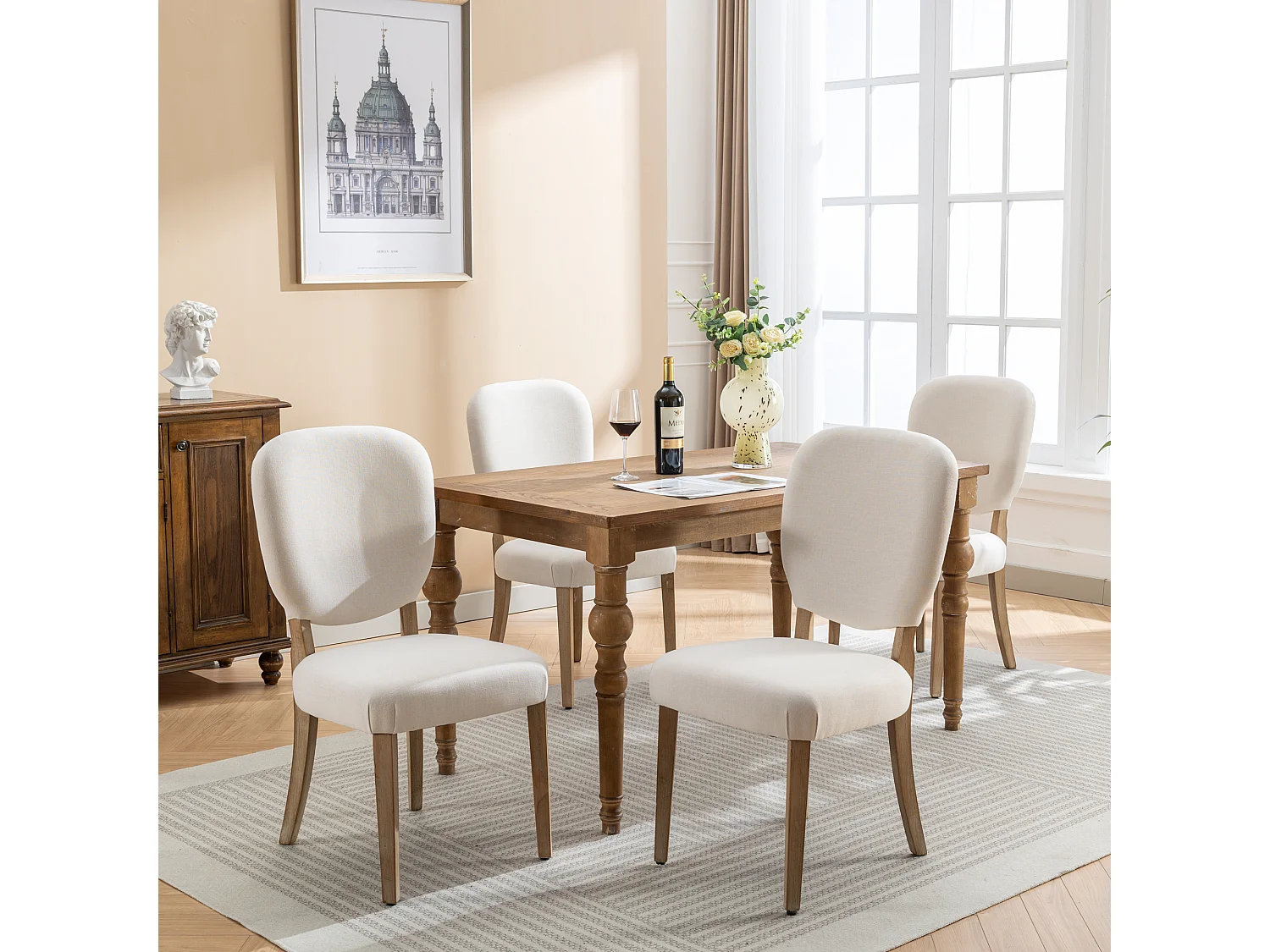 Lot de 4 Chaises de salle à manger - Tissu en lin - avec dossier de chaise décoré de clous en cuivre - Pièds en nois massif - Crème