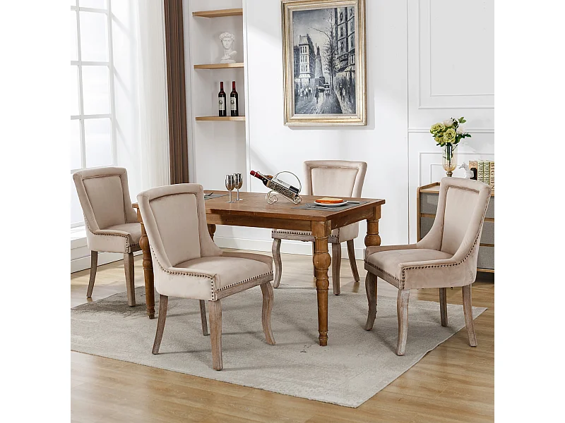 Set van 4 luxe eetkamerstoelen - fluweel en massief hout - klinknageldecoratie - beige