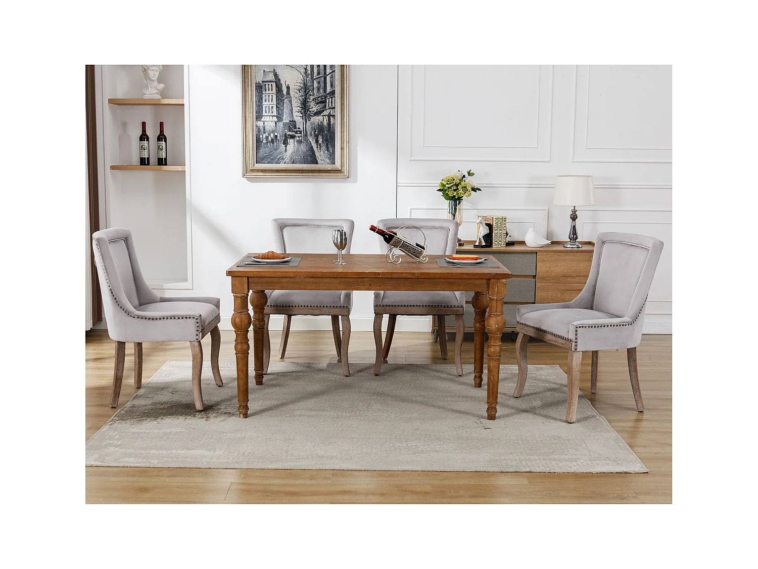 Lot de 4 chaises de salle à manger luxueuses - Velours et bois massif - Décoration de rivets - Gris