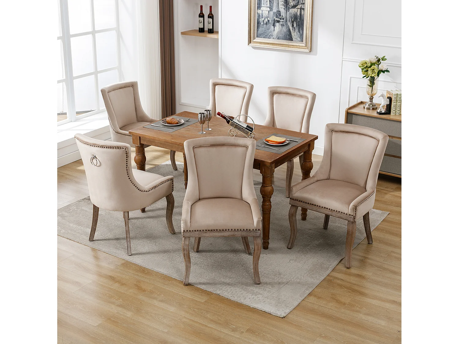Lot de 6 chaises de salle à manger luxueuses - Velours et bois massif - Décoration de rivets - Beige