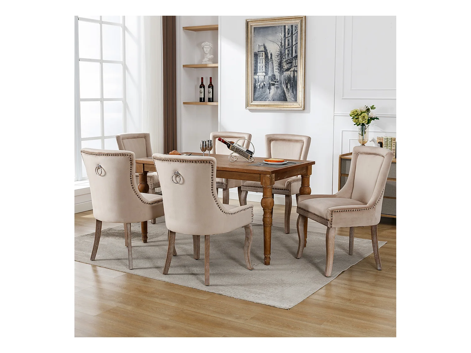 Set van 6 luxe eetkamerstoelen, fluweel en massief hout, klinknageldecoratie, beige