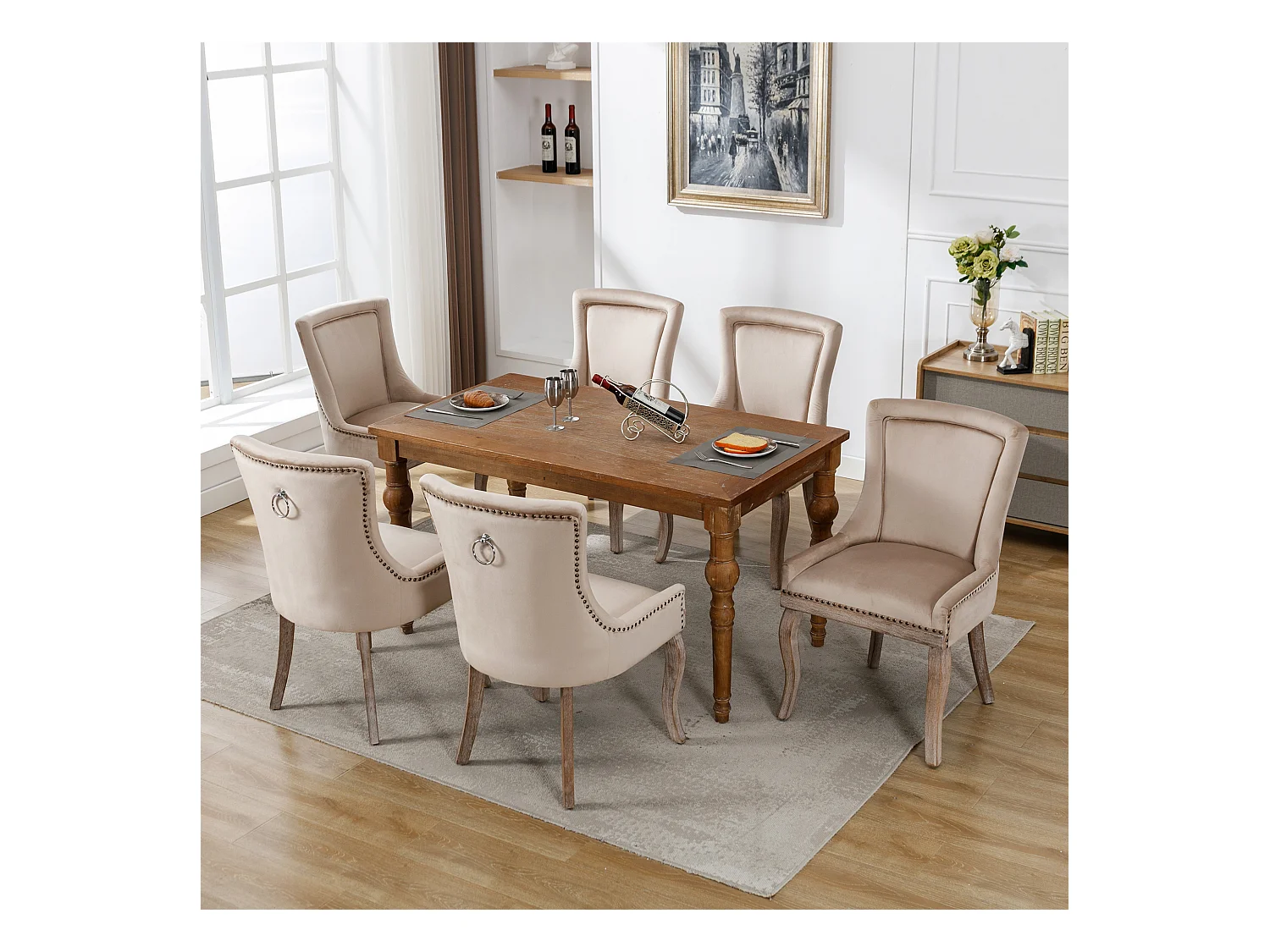 Lot de 6 chaises de salle à manger luxueuses - Velours et bois massif - Décoration de rivets - Beige