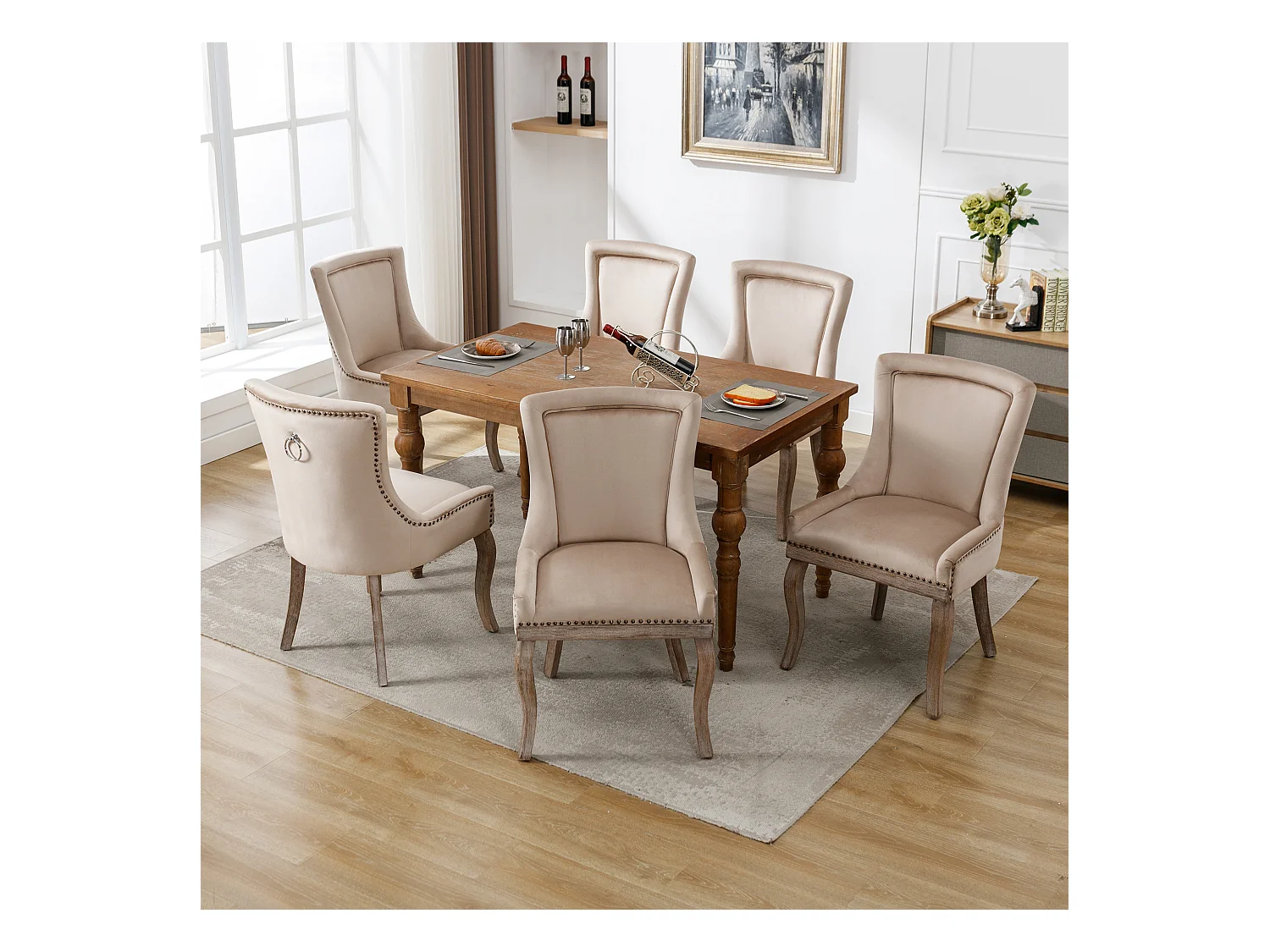 Lot de 6 chaises de salle à manger luxueuses - Velours et bois massif - Décoration de rivets - Beige