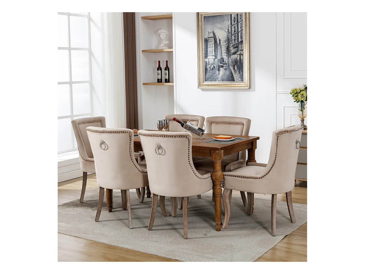 Lot de 6 chaises de salle à manger luxueuses - Velours et bois massif - Décoration de rivets - Beige