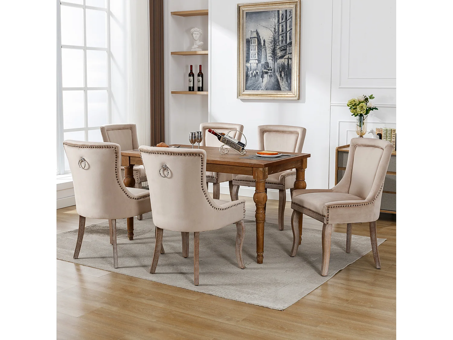 Set van 6 luxe eetkamerstoelen, fluweel en massief hout, klinknageldecoratie, beige