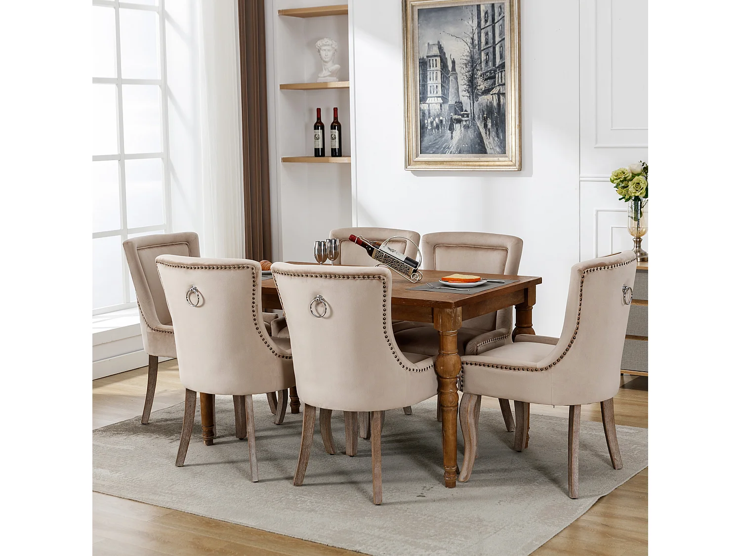 Set van 6 luxe eetkamerstoelen, fluweel en massief hout, klinknageldecoratie, beige