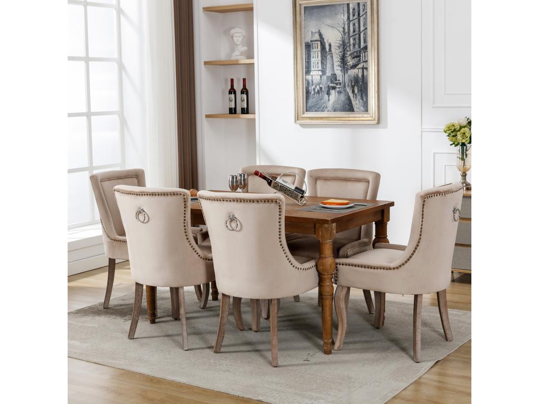 Set di 6 sedie da pranzo di lusso, velluto e legno massello, decorazione rivetto, beige