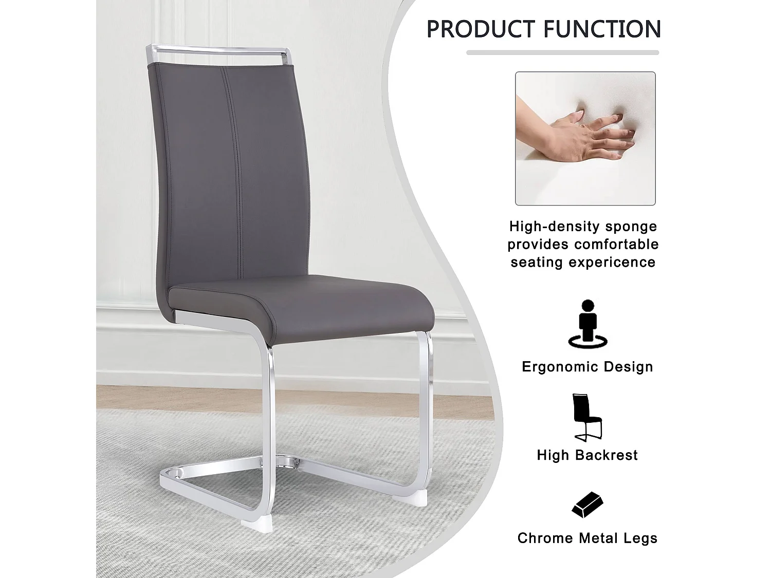 Lot de 4 Chaise cantilever en simili cuir - Pièds en métal - Sans accoudoirs - Gris