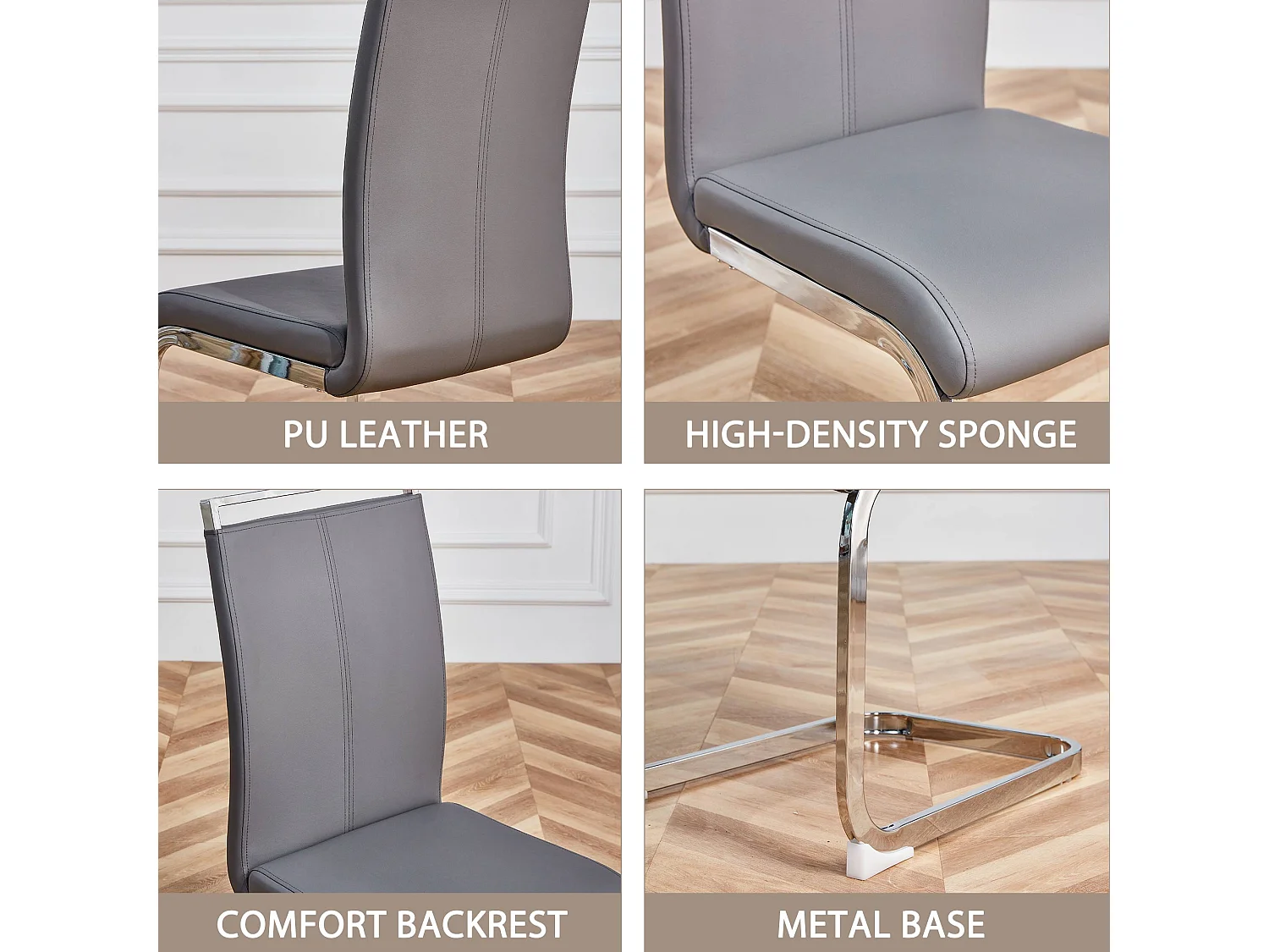 Juego de 4 sillas cantilever de piel sintética - Patas de metal - Sin reposabrazos - Gris
