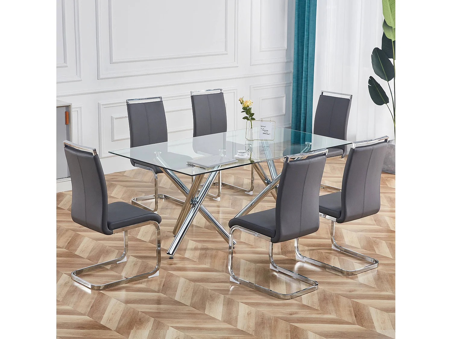 Set di 4 Sedie cantilever in ecopelle - Gambe in metallo - Senza braccioli - Grigio