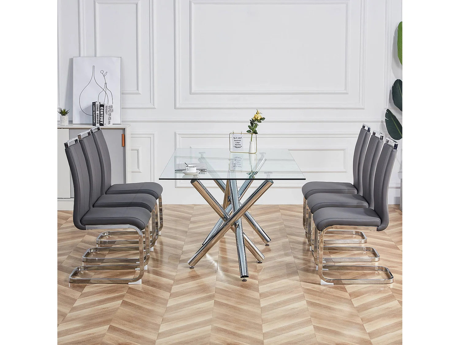 Set di 4 Sedie cantilever in ecopelle - Gambe in metallo - Senza braccioli - Grigio