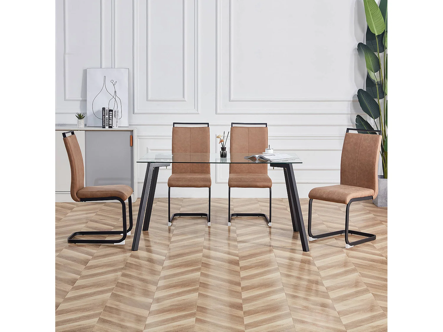 Conjunto de 4 cadeiras cantilever em pele sintética - Pernas de metal - Sem braços - Castanho