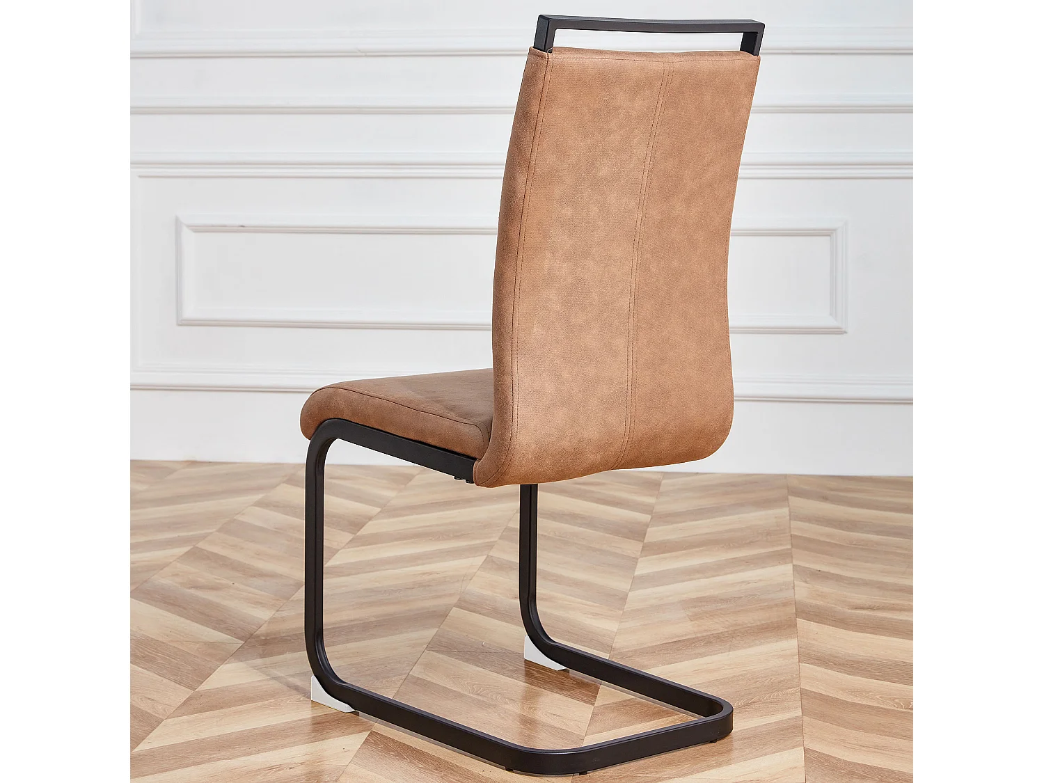 Conjunto de 4 cadeiras cantilever em pele sintética - Pernas de metal - Sem braços - Castanho