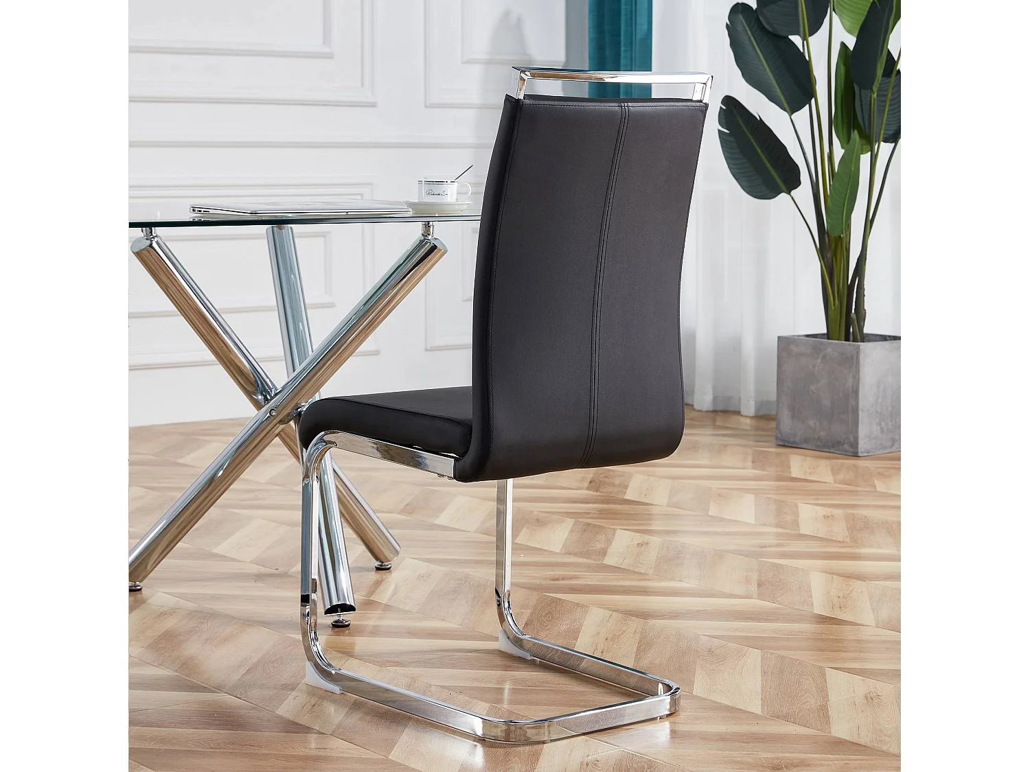 Lot de 4 Chaise cantilever en simili cuir - Pièds en métal - Sans accoudoirs - Noir