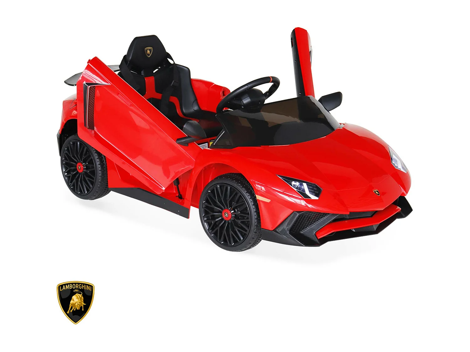 Voiture électrique 12V pour enfant Lamborghini. rouge. 1 place. avec autoradio. télécommande. MP3. port USB et phares fonctionnels